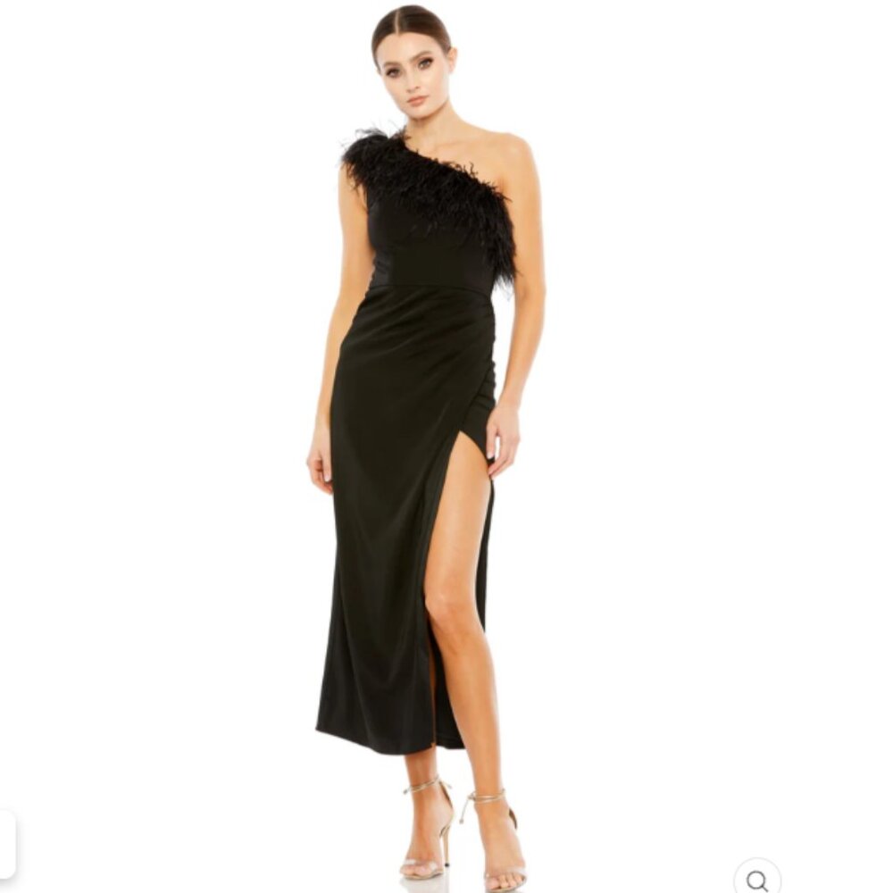 FEATHER TRIM ONE SHOULDER DRAPED DRESS COLOR — Black Size 10 New With Tags